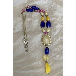 Chico's Lucite Beaded Necklace Multi Color Blue Pink Yellow Tan Long Statement